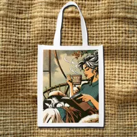 Cozy Lady Reading with Coffee and Cat   Grocery Bag