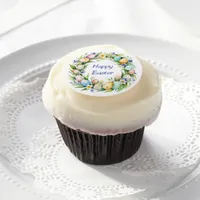 Pretty Floral Elegant Spring Wreath Happy Easter Edible Frosting Rounds