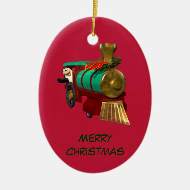 Cute Cartoon Penguin and Christmas Train Ceramic Ornament