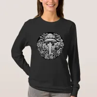 Black and White Retro Mushrooms and Flowers T-Shirt