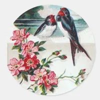 Barn Swallows and Pink Flowers Classic Round Sticker