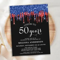 Elegant Blue Red Black Glitter Drip 50th Birthday Postcard