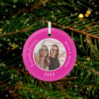 Best friends photo names pink glass ornament