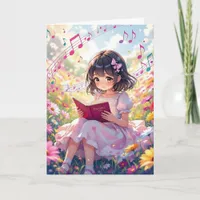 Pretty Anime Girl Reading | Coloring Page Birthday Card