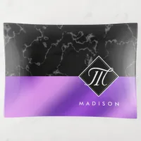 Elegant Black Marble & Purple Foil Monogram Trinket Tray