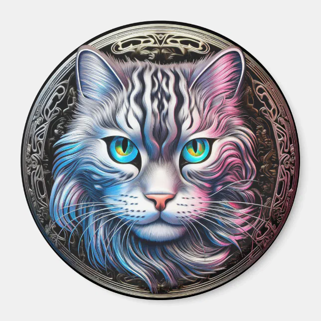 Cat Face Silvery Metallic Theme Magnet