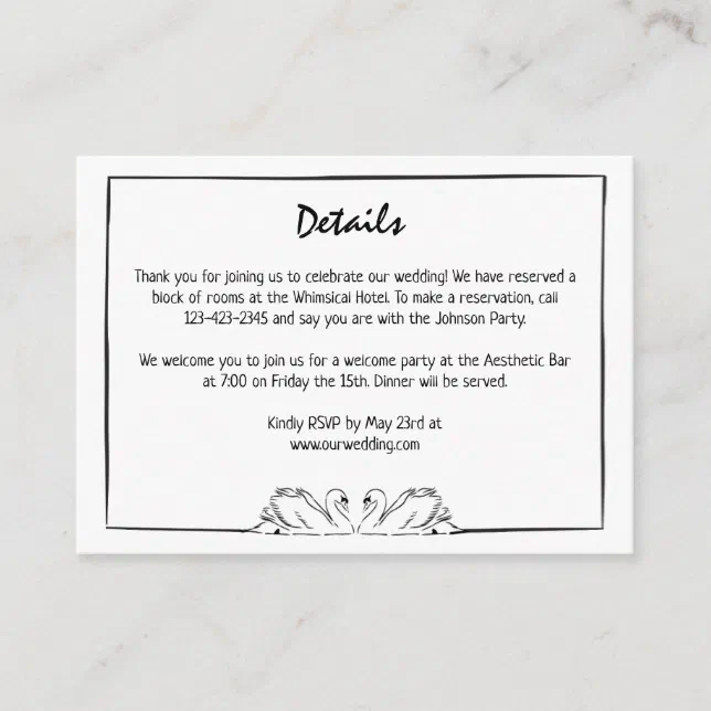 Simple Timeless Handwritten Swan Drawing Details Enclosure Card