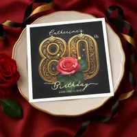 Elegant Red Rose and Gold Filigree 80th Birthday Napkins