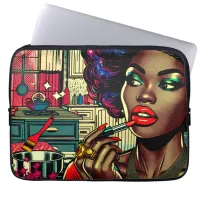 Beautiful Woman Putting on Lipstick Laptop Sleeve