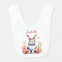 Personalized Bunny Rabbit in Pink Flowers Baby Bib
