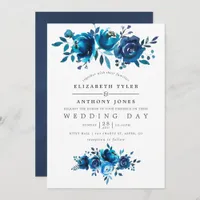 Navy and White Watercolor Floral Wedding Invitation