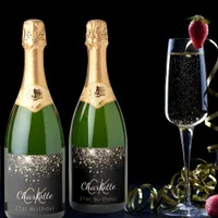 Birthday black gold glitter monogram initials sparkling wine label