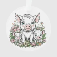 Cute Mama Pigs and Piglets in Flowers Ornament