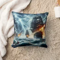 Stormy Encounter With Pirate Ships at Sea Throw Pillow