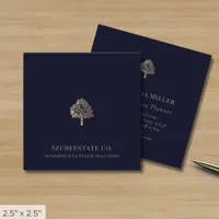 Elegant Navy Blue Gold Tree Logo Square Business Card