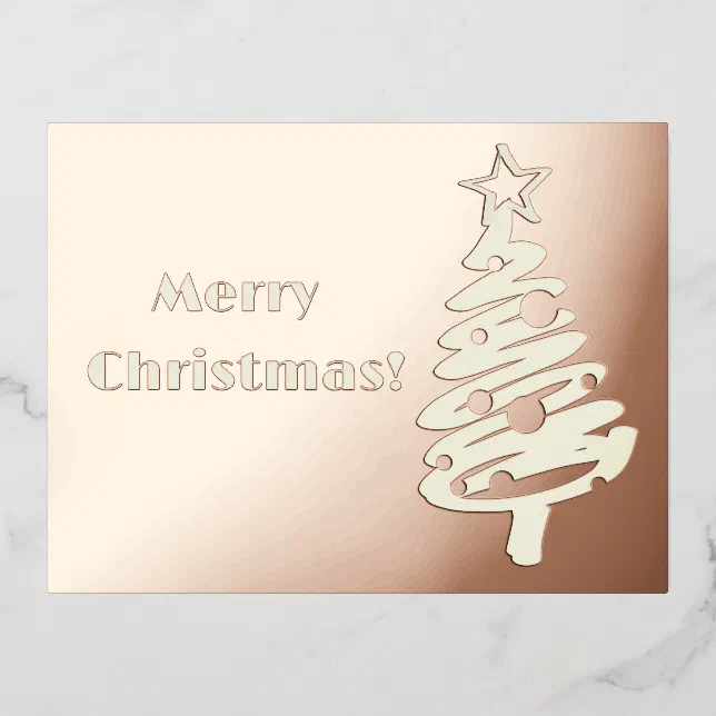 Simplistic silver tree on a pink gold background foil holiday postcard