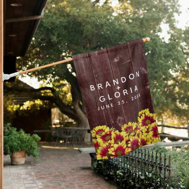 Rustic Autumn Sunflowers on Fence Wedding House Flag