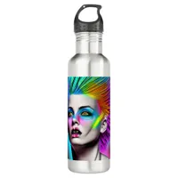 Dystopian Woman in Rainbow Mohawk Abstract Modern  Stainless Steel Water Bottle