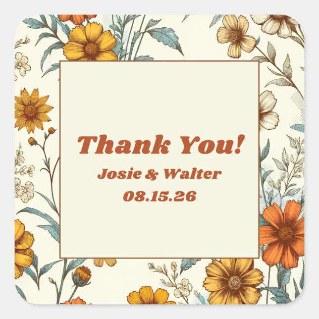 Vintage Floral 70s Timeless Wedding Thank You Square Sticker