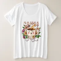 Cute Retro Kawaii Coffee and Flowers Plus Size T-Shirt