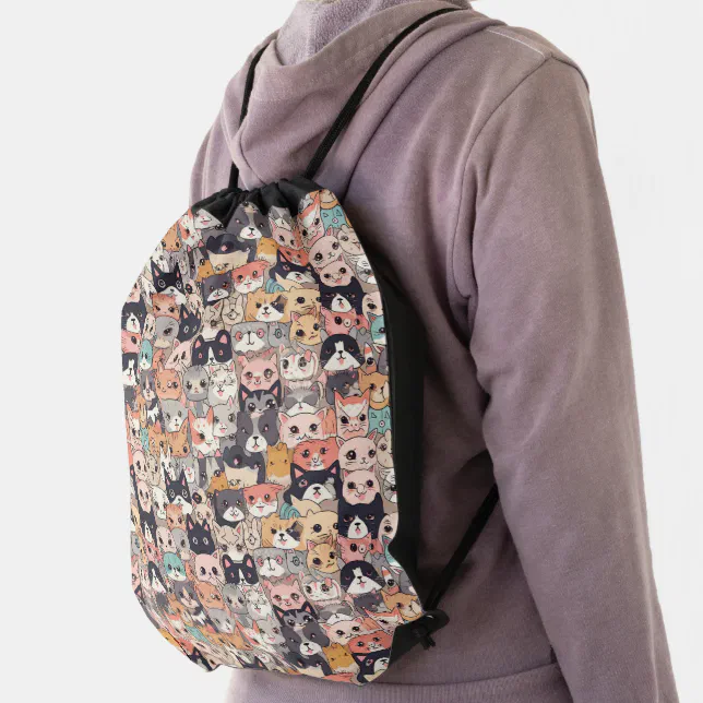 Anime cats repeating pattern drawstring bag