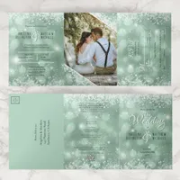 Budget Aqua Glitter Photo All in One Wedding Tri-Fold Invitation