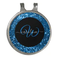 Stylish monogram blue glitter name black golf hat clip