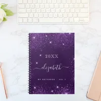 Purple glitter dust name script notebook