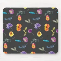 Summer Florals Watercolor on Black Background Mouse Pad