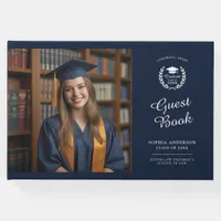 Modern Elegant Navy Blue Two-Photo Grad Keepsake Guest Book