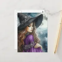 Witch Wearing Black and Purple and a Full Moon  Postcard