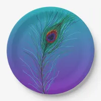 Turquoise to Purple Peacock Feather Paper Plates