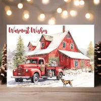 Rustic Barn and Red Truck Winter Holiday Card