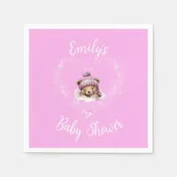 Snow Excited Pink Teddy Bear Baby Shower Napkins