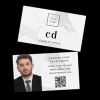 Marble white monogram initials photo Qr code logo Business Card