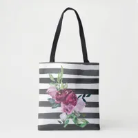 Black and White Striped Floral Tote Bag