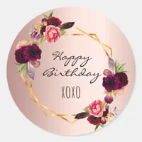 Happy birthday rose gold blush floral geometric  classic round sticker