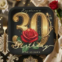 Elegant Black Gold Red Rose Floral 30th Birthday Paper Plates