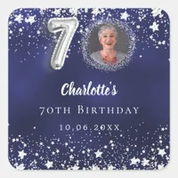 70th birthday navy blue silver stars photo square sticker