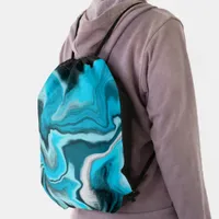 Blue, Black and White Marble Fluid Art  Drawstring Bag