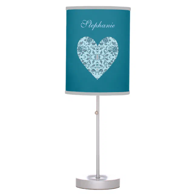 Elegant Flowery Teal Damask Heart Table Lamp