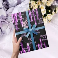 Birthday black purple glitter pink drips monogram wrapping paper