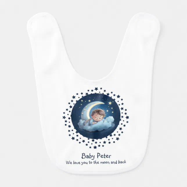 Cute Cartoon Baby Sleeping on Half Moon Cloud Blue Baby Bib