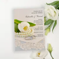 White Tulip, Pearls and Rings Wedding Invitation