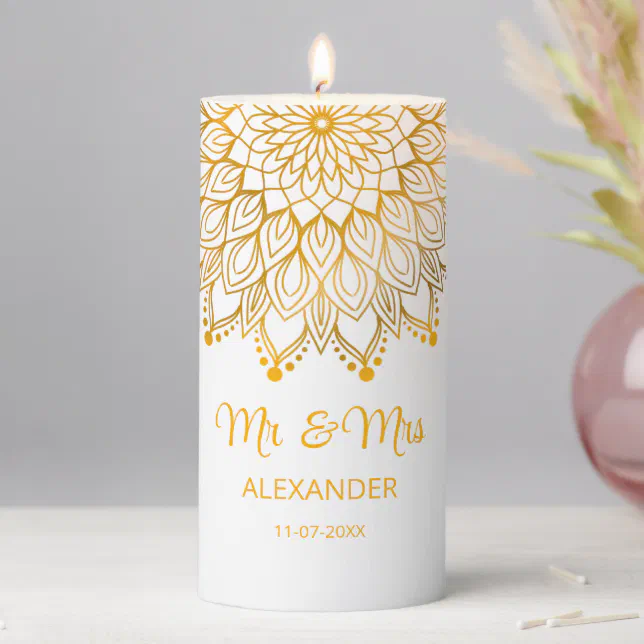 Elegant simple ornate wedding pillar candle