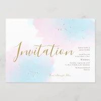 Whimsical Pink Blue Watercolor Gold Splash Wedding Invitation