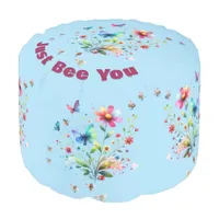 Simple Floral Watercolor Monogram Bee on blue  Pouf