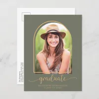 Boho Arch Green Gold Photo Graduation Party Announcement Postcard