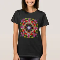 Red cardinal and Colorful Flowers Mandala  T-Shirt