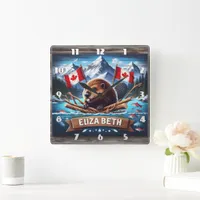 Canadian Beaver With Flags in Mountain Setting Square Wall Clock